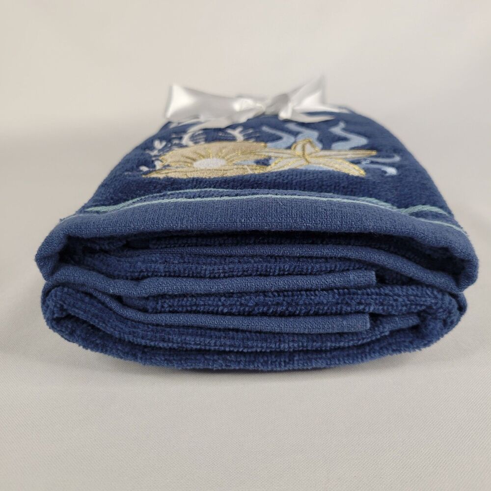 Set 2 Blue Bathroom Hand Towels Beach Embroidered Gold Starfish Shells Nautical - Picture 5 of 11